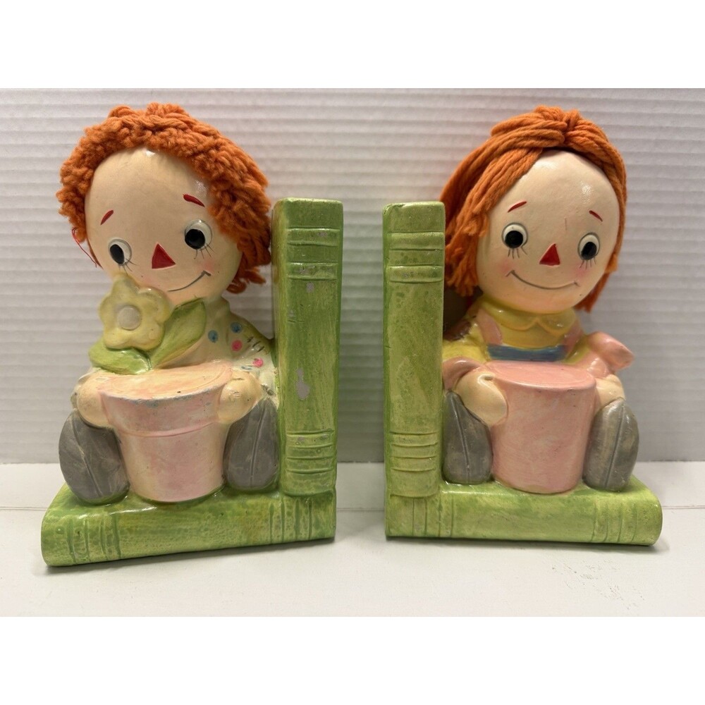 Vtg Raggedy Ann Andy Bookends Banks Chalkware Ceramic Harvard Square Japan MCM